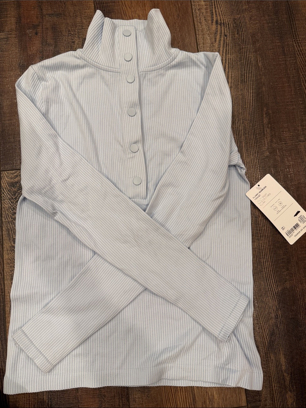 Athleta Light Blue Ribbed Snap-Front Mock Neck Long Sleeve Top